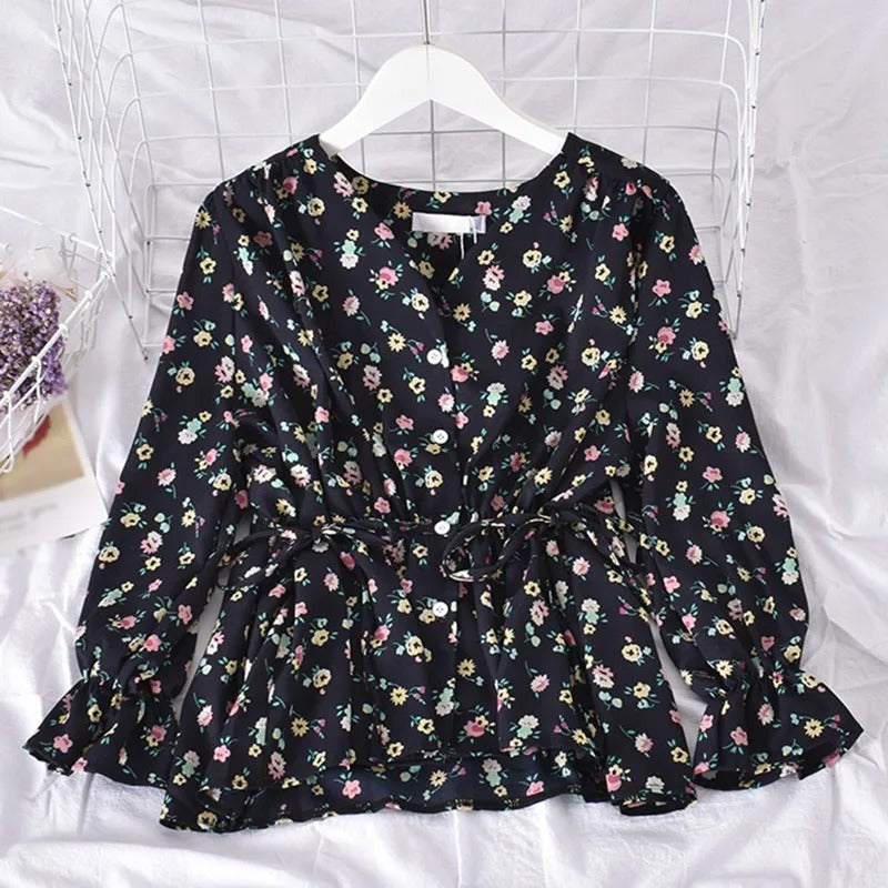 Sweet Floral V-Neck Chiffon Blouse for Women