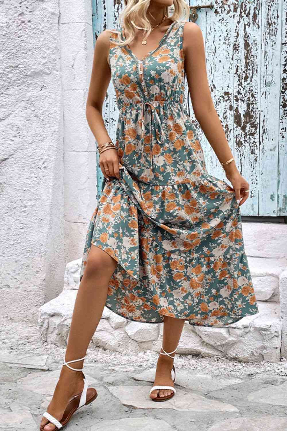 Floral V-Neck Tiered Sleeveless Dress