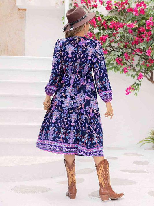 Printed Tie Neck Long Sleeve Midi Dress