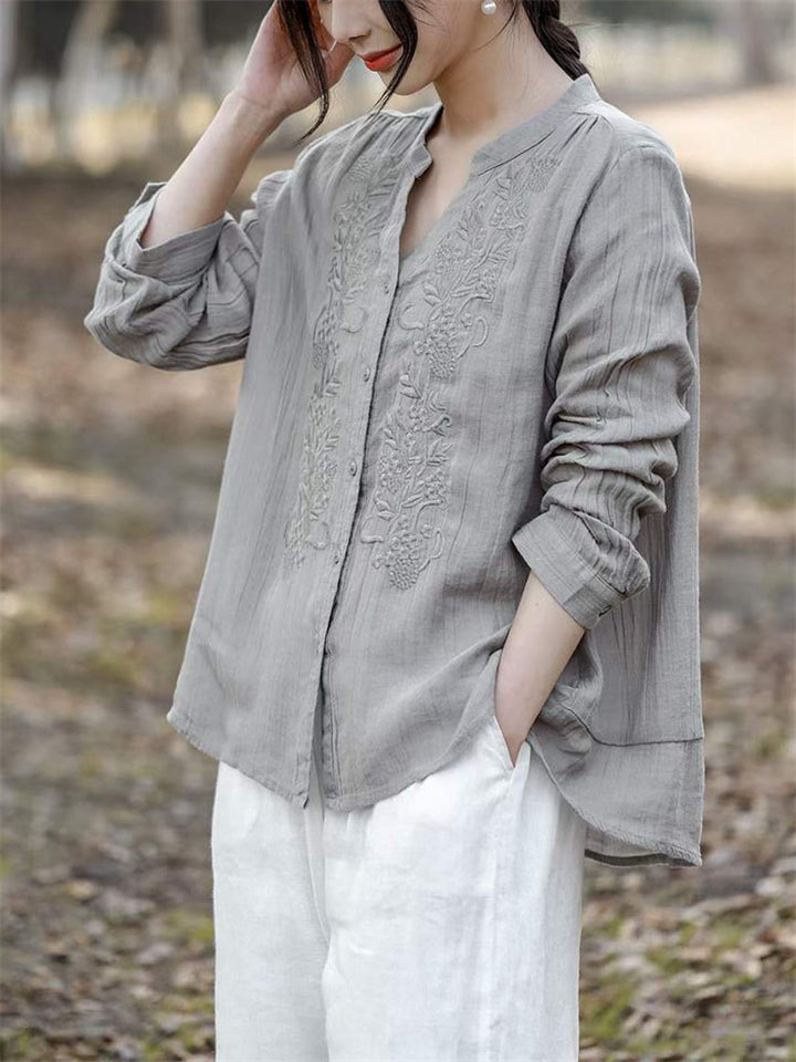 V-Neck Button Up Long Sleeve Embroidery Linen Shirt for Women