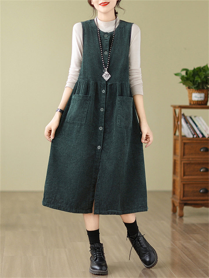 Crew Neck Button Up Sleeveless Mid-Length Dress