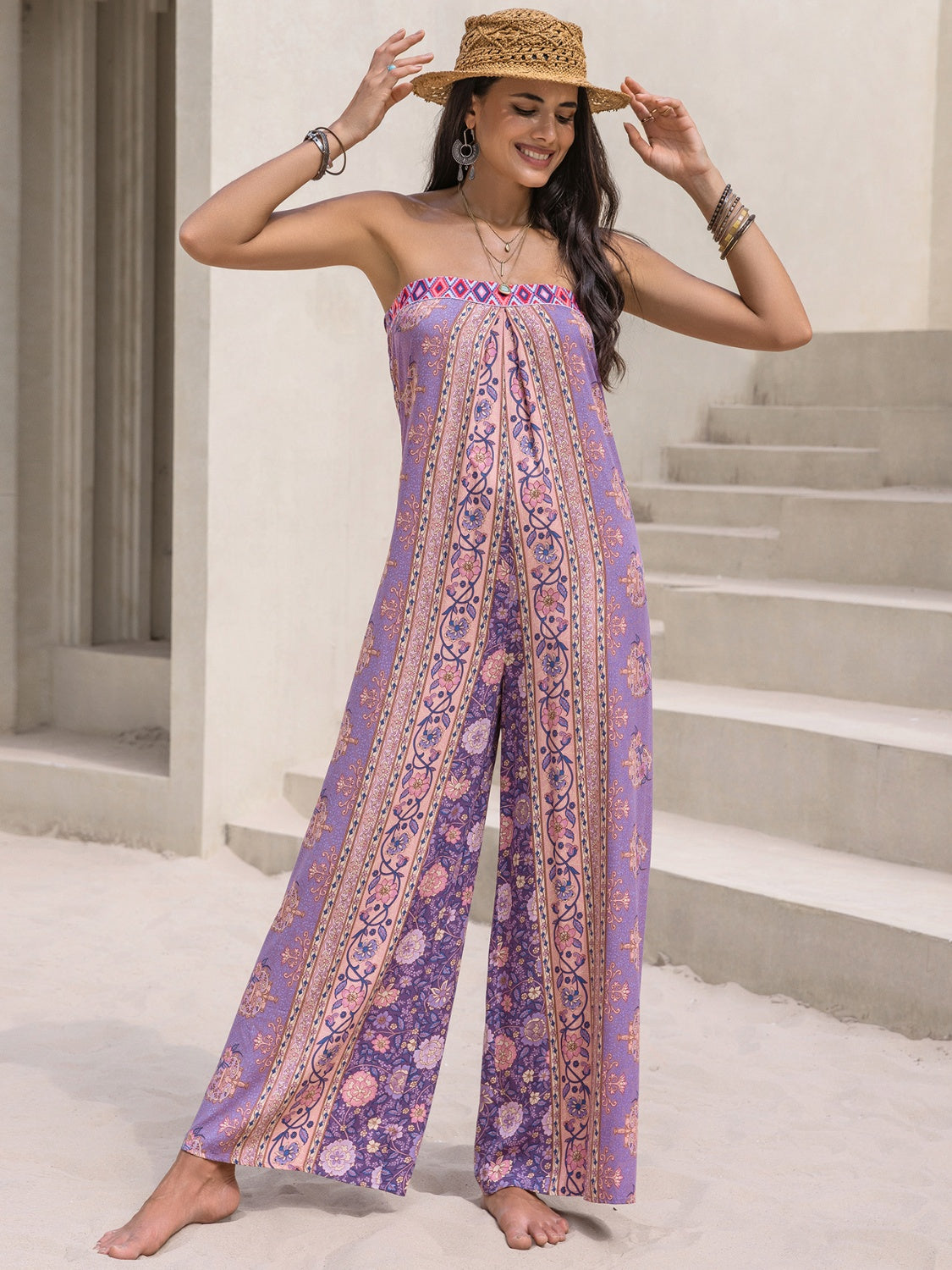 Ivyshape | Tied Printed Tube Wide Leg Jumpsuit