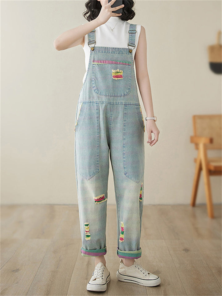 Cute Colorful Ripped Oversized Denim Jumpsuit for Women