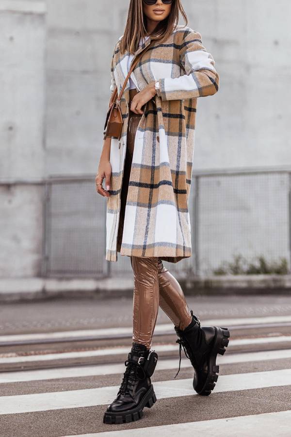 Ivyshape | Mid Length Double Breasted Plaid Print Woolen Coat