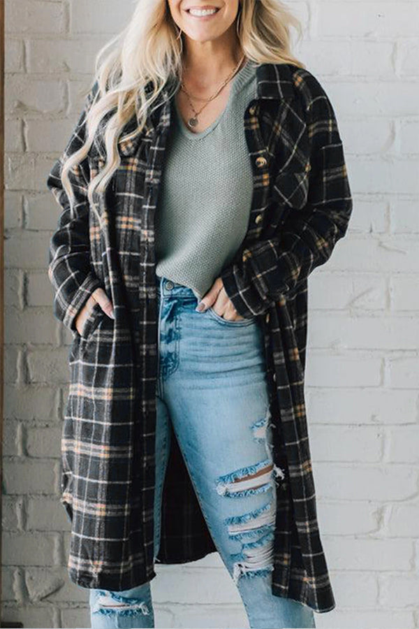 Ivyshape | Plaid Button Front Pocketed Long Shacket