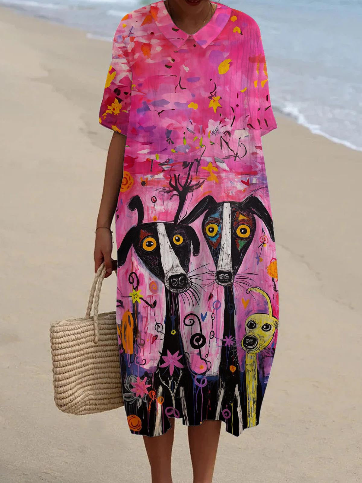 Woman Dog Print Shirt Collar Casual Dress