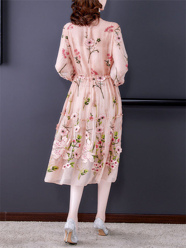 Women's Flowy Mulberry Silk Midi Dress with Floral Embroidery