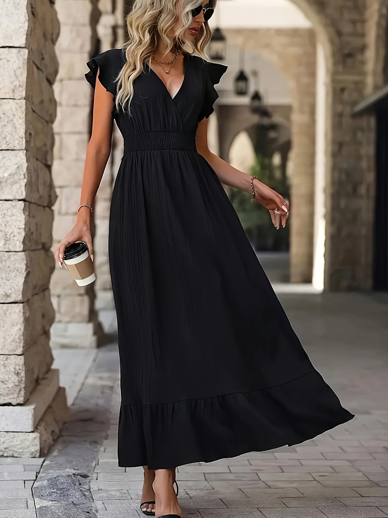 Ivyshape | Elegant V neck dress with High Waist and Ruffle Sleeves