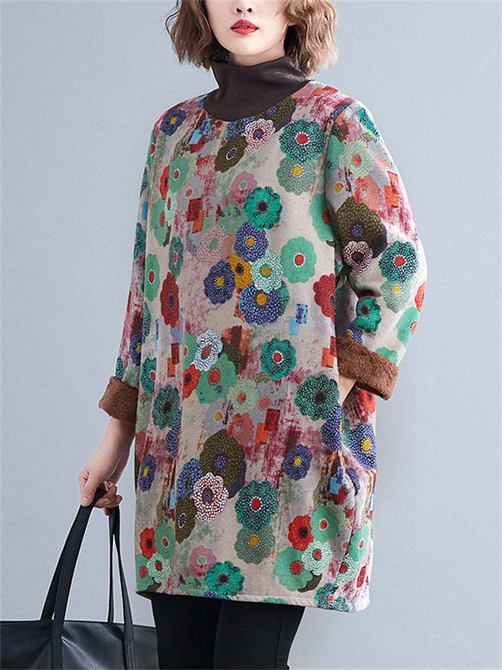 Colorful Flower High Neck Plush Liner Winter Dress