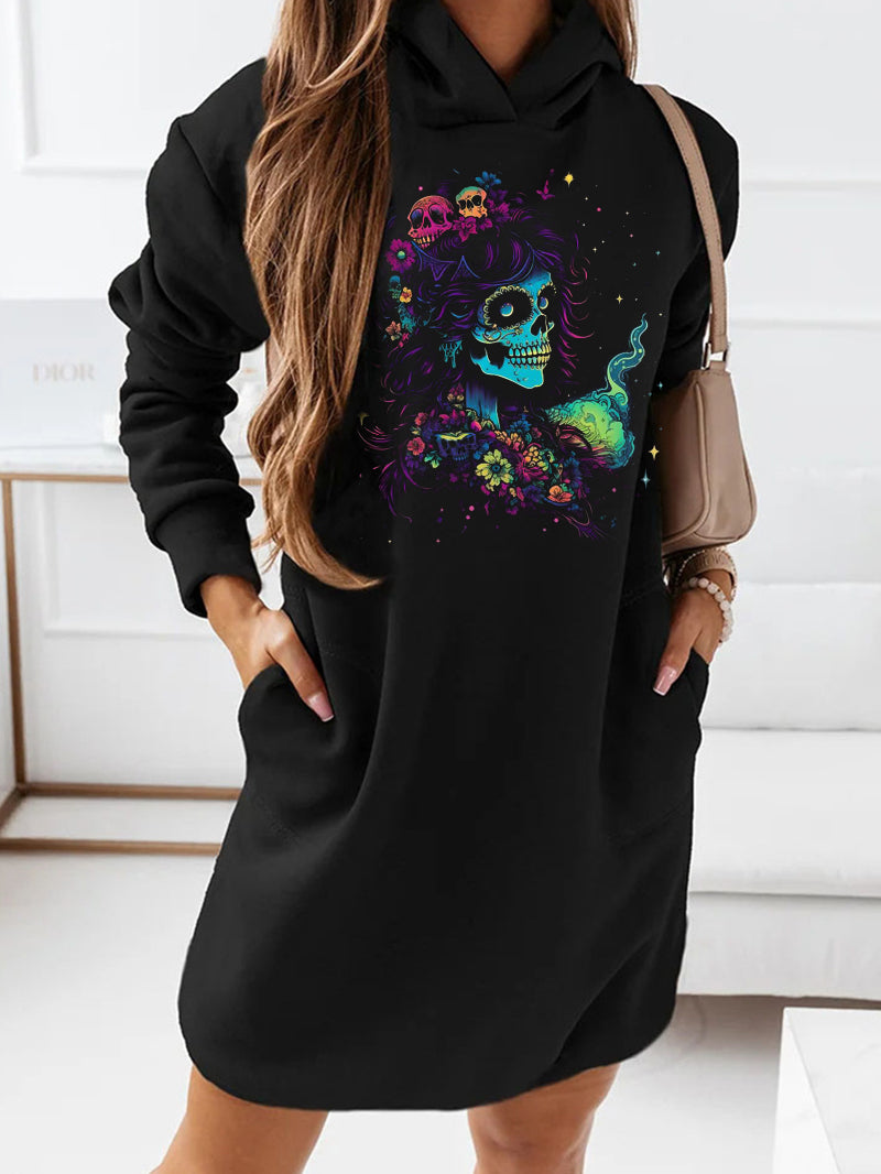 Horror Skull Print Hooded Long Sleeve Sweatshirt Dress