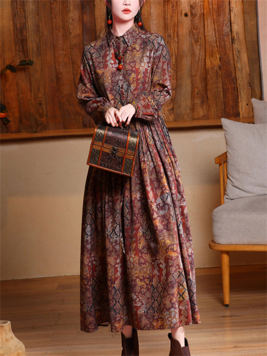 Female Lapel Long Sleeve Retro Print Pleated Long Dress