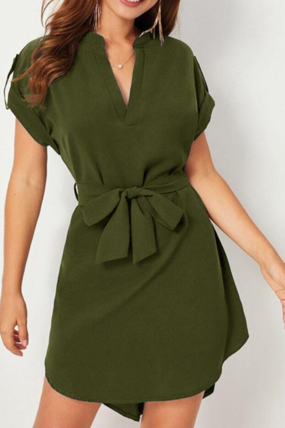 Ivyshape | Tied Notched Short Sleeve Dress