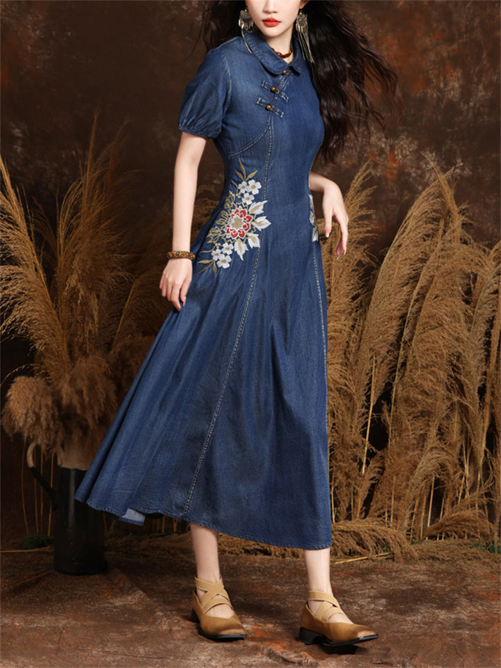 Beautiful Flower Embroidery Lapel Denim Pleated Dress