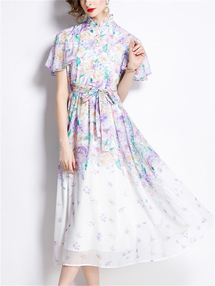 Sweet Stand Collar Flutter Sleeve Print Chiffon Dress for Lady