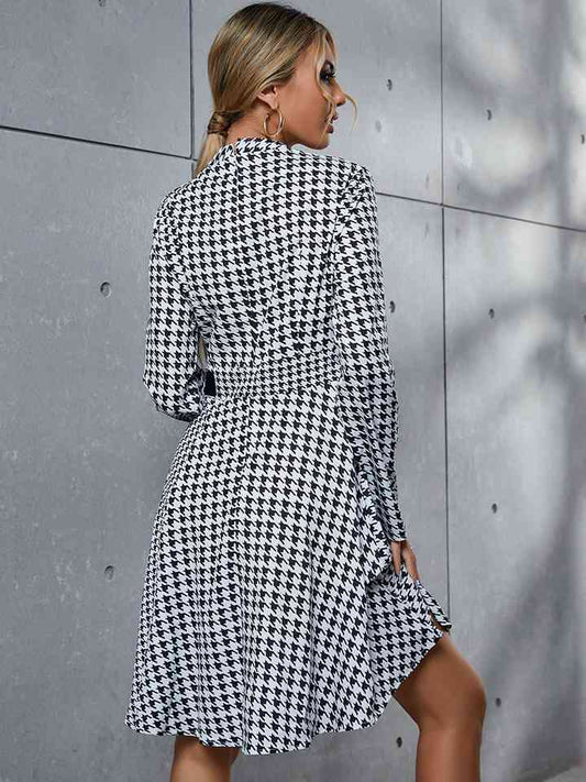 Houndstooth Long Sleeve Round Neck Dress