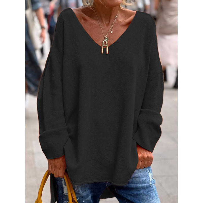 Ivyshape | Solid Color and V-Neck Long Sleeve Loose Casual Top