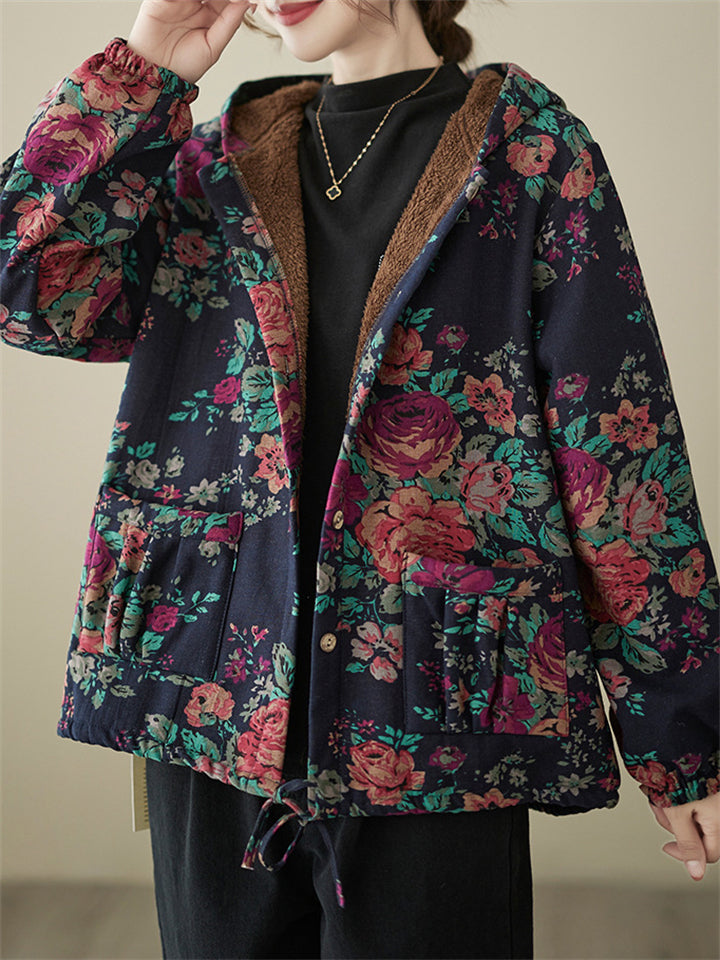 Winter Warm Beautiful Floral Hooded Cotton Coats