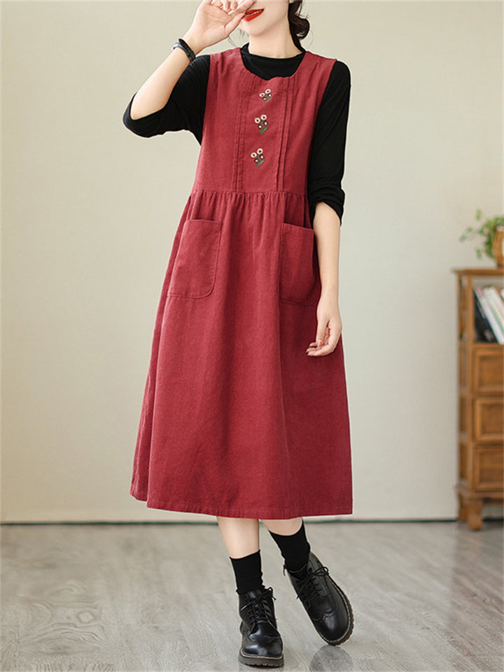 Retro Daisy Embroidery Mid-Length Corduroy Dress
