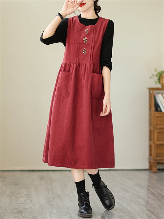 Retro Daisy Embroidery Mid-Length Corduroy Dress