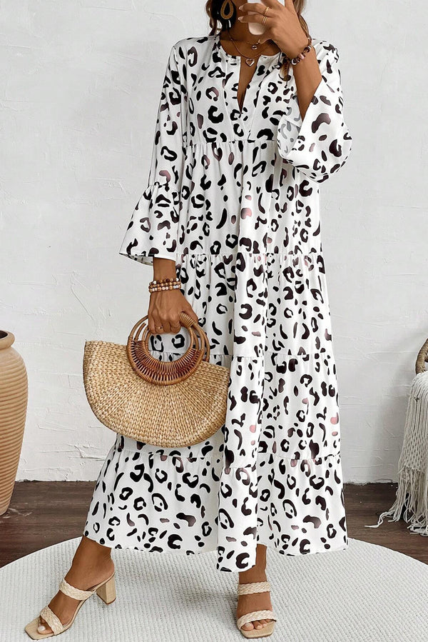 Ivyshape | Leopard Print Notch V-Neck Loose Fit Maxi Dress