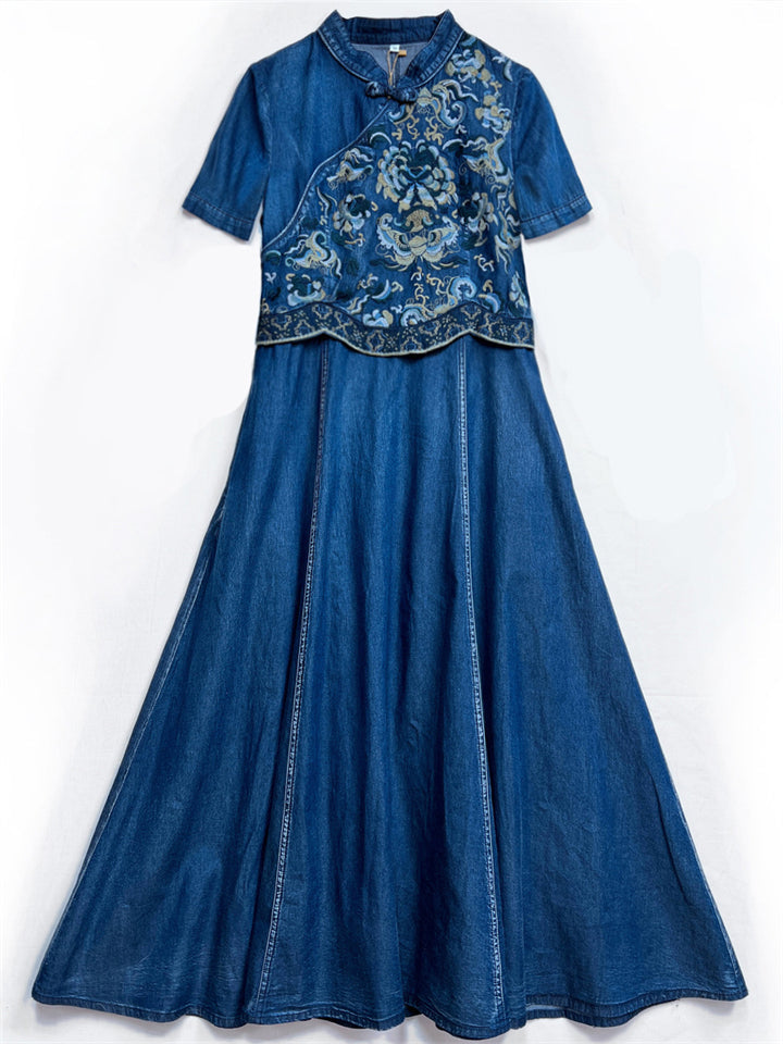 Women's Ethnic Style Hand-Embroidered A-Line Blue Denim Dress