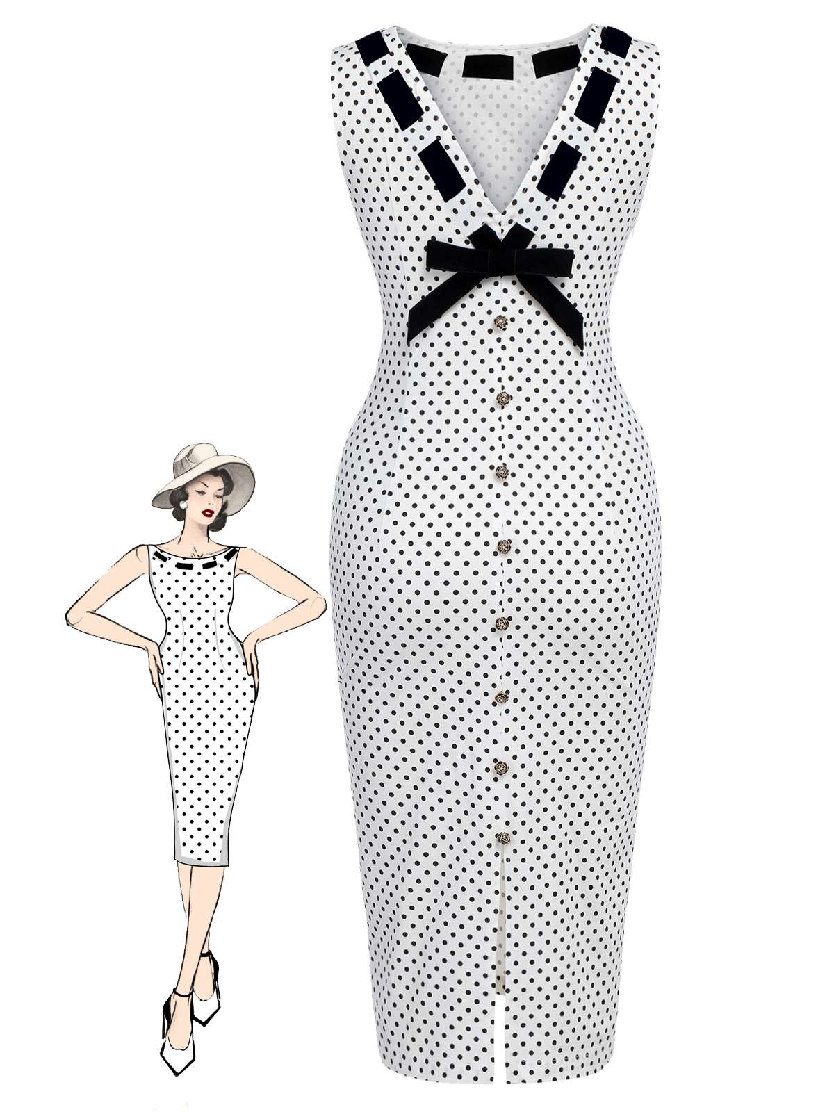 White  Polka Dot Button Pencil Dress