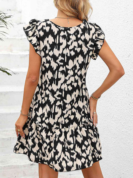 Printed Round Neck Cap Sleeve Mini Dress