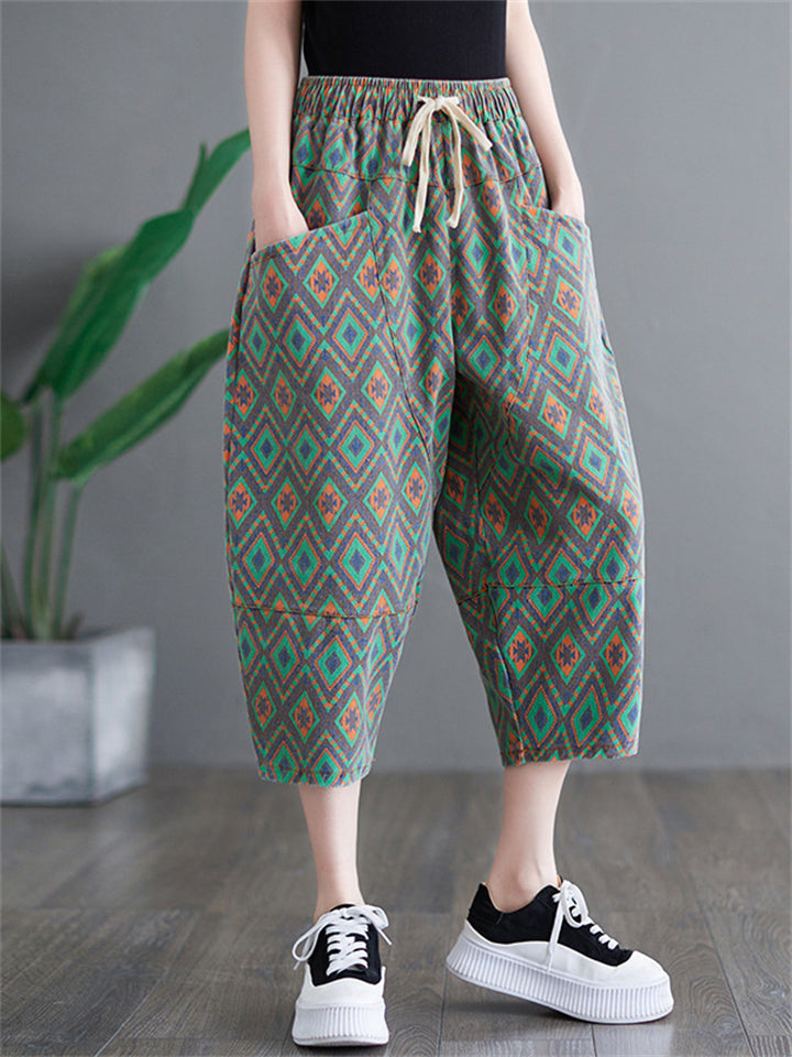 Vacation Green Diamond Elastic Waist Denim Cropped Pants