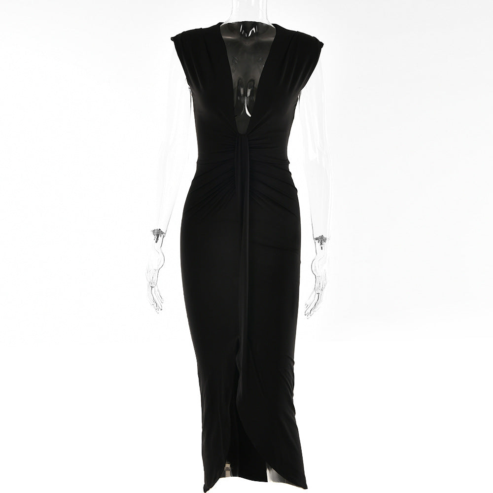 Ivyshape | Long Dress with Pleated V-Neck, Waist-Slimming