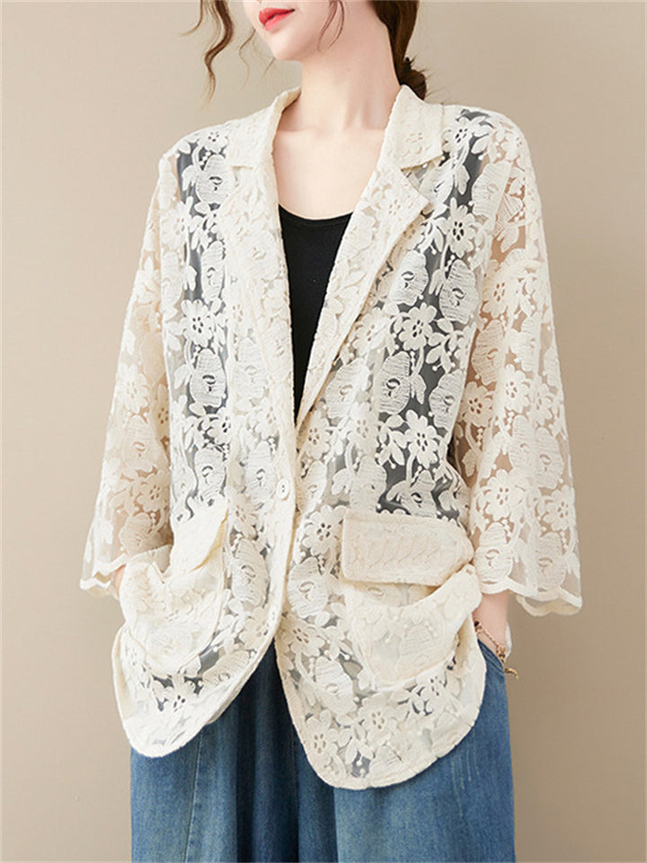 Women's Elegant Floral Lace Hollow Out Lapel Blazer