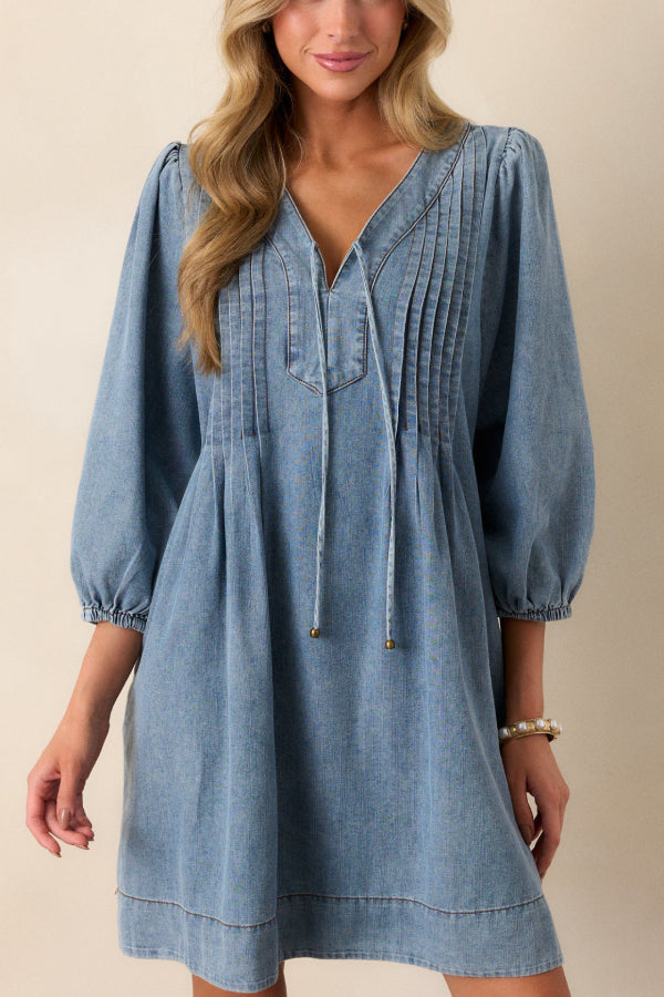 Ivyshape | Would Have It Denim Playful Pleats Pocket A-Line Mini Dress