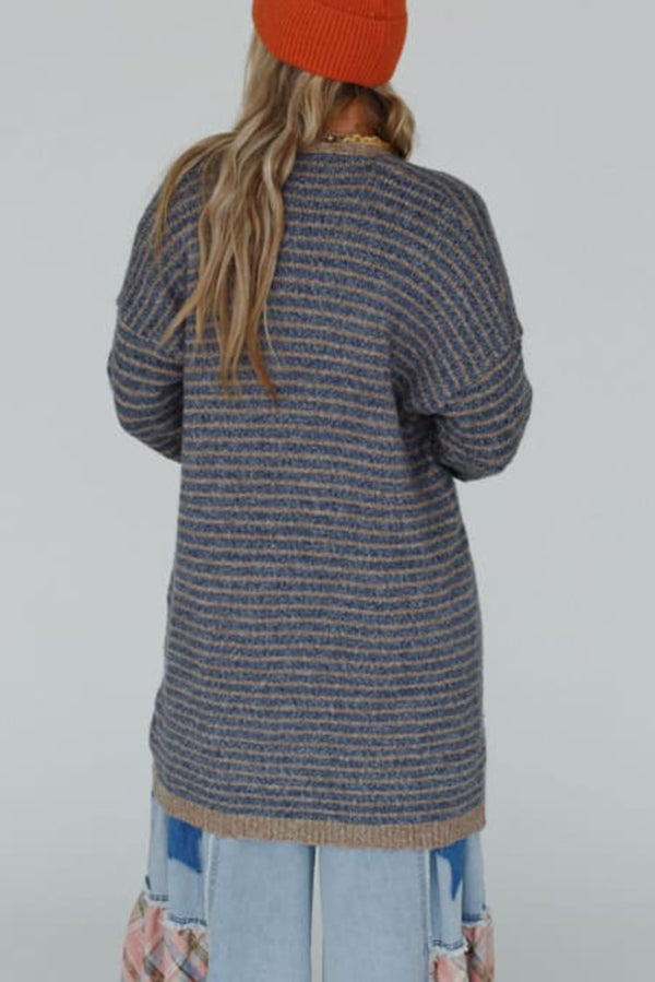 Ivyshape | Contrast Striped Loose Long-Sleeved Mid-Length Knitted Cardigan