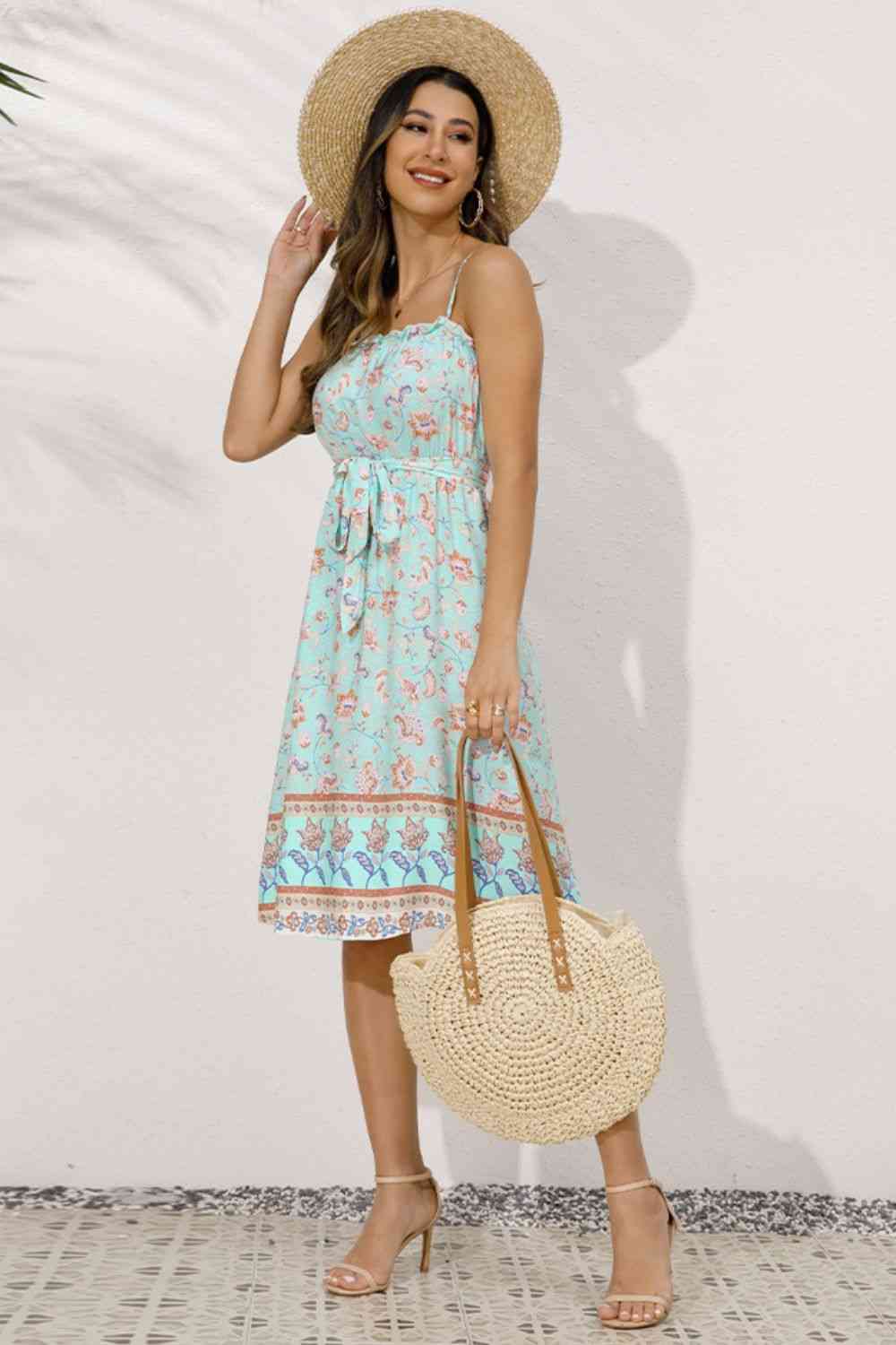 Bohemian Belted Frill Trim Spaghetti Strap Dress