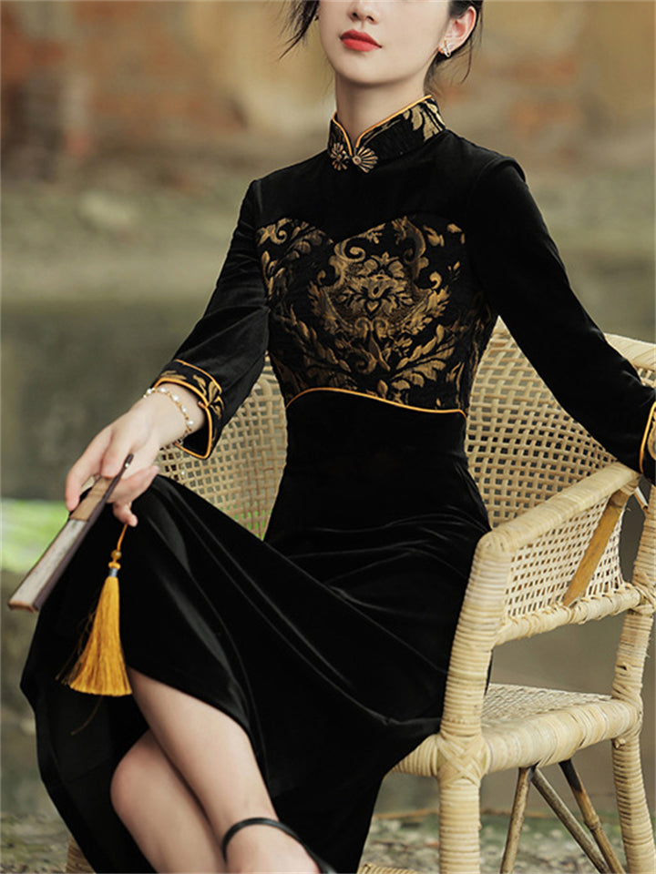 Women's Elegant Velvet Stand Collar Midi Embroidery Qipao