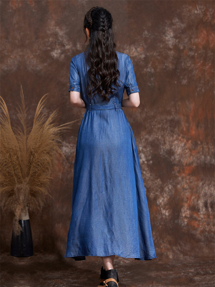 Orange Leaf Embroidery Lapel Button Blue Denim Dress