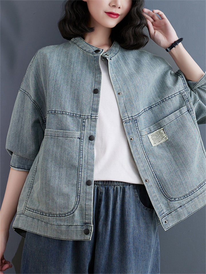 Women's Light Blue Patch Pocket 3/4 Sleeve Trendy Denim Jacket