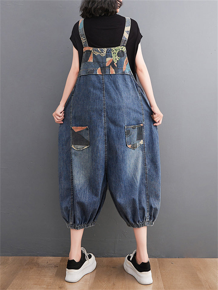 Female Cute Print Youthful Splice Denim Jumpsuits