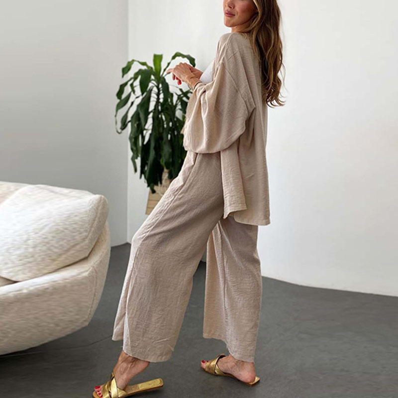 linen cardigan wide leg pants two piece set