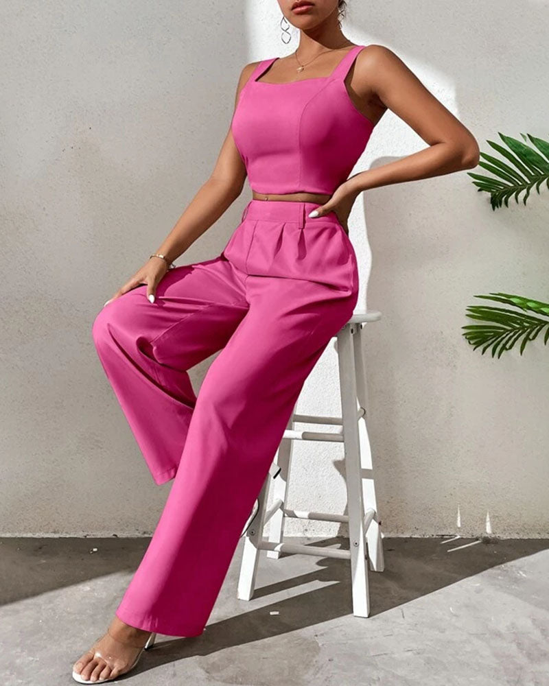 suspender top wide leg pants set