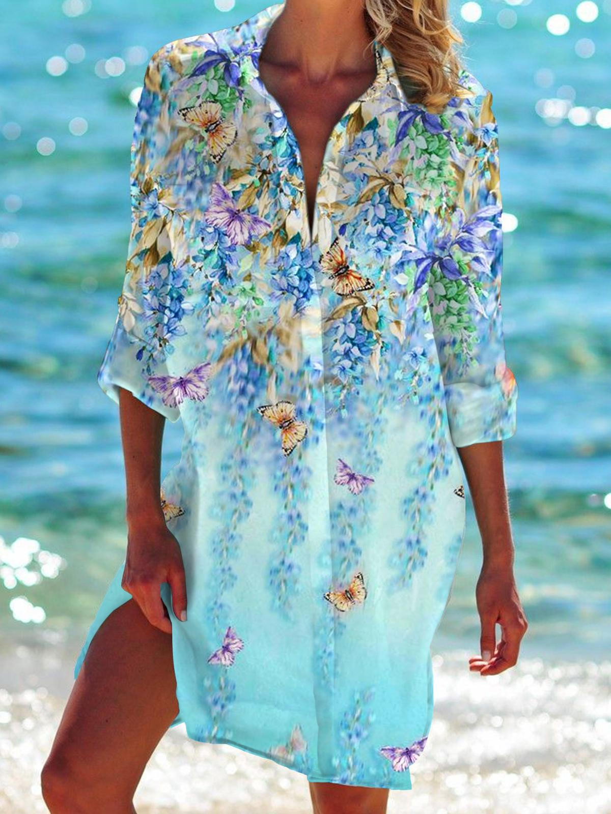 Gradient Flower Butterfly Long Sleeve Beach Shirt Dress