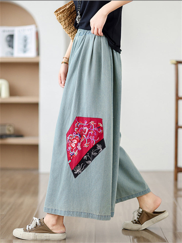 Ethnic Style Peony Patchwork Fashion Wide Leg Jeans for Women