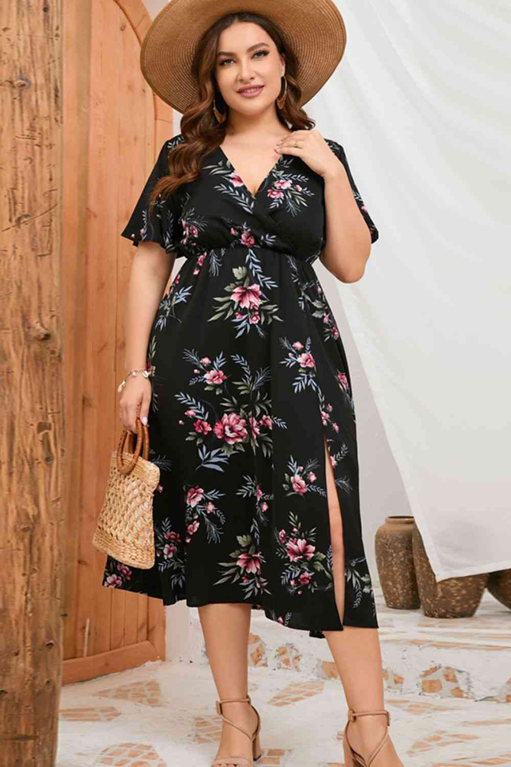 Plus Size Floral Short Sleeve Split Dress