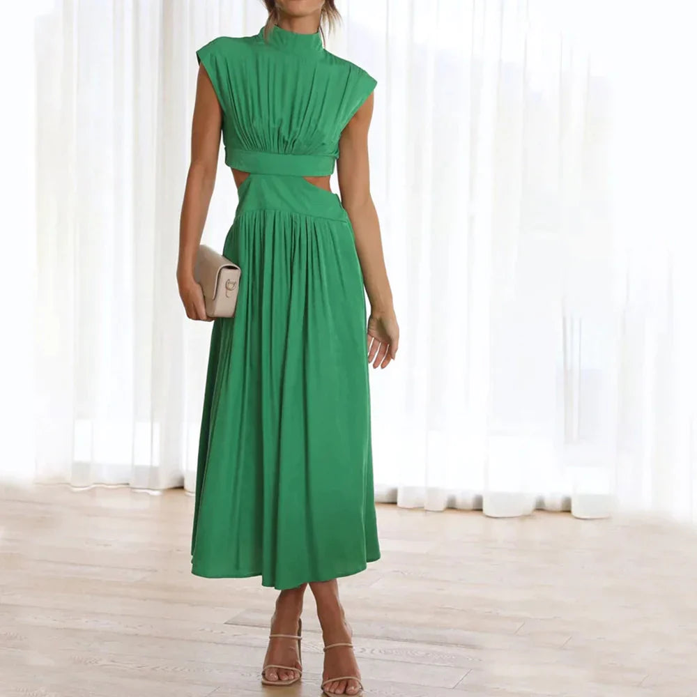 Stand Collar Solid Color Sexy Waist Midi Dress