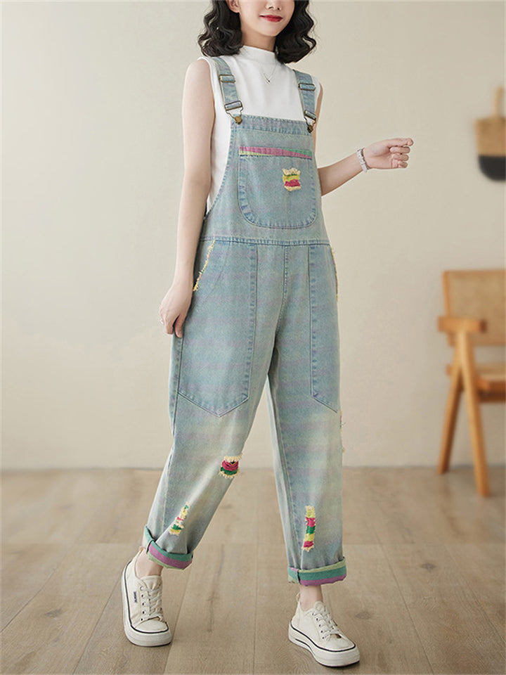 Cute Colorful Ripped Oversized Denim Jumpsuit for Women