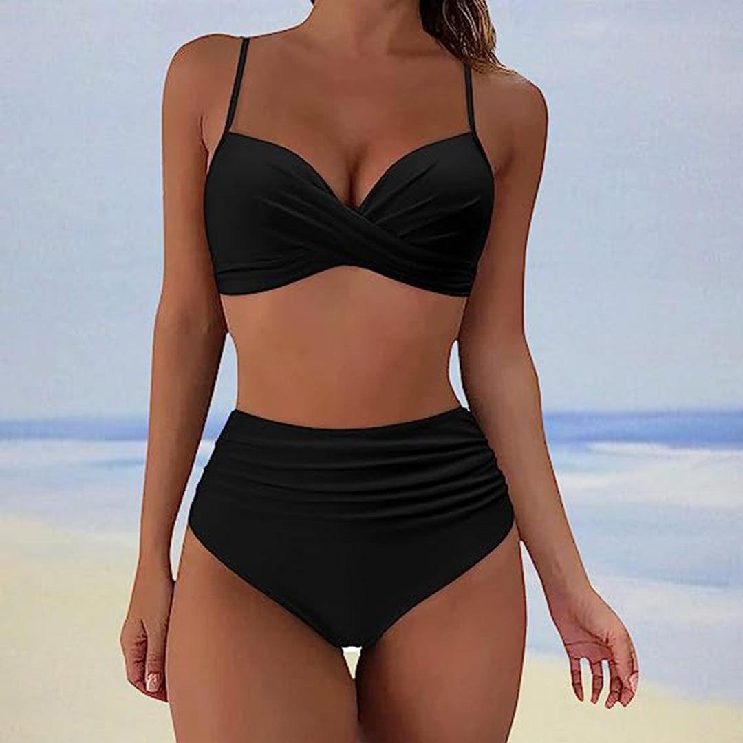 Ivyshape | Stylish Padded High-Waist Bikini Classic Two-Piece Swimsuit with High Waist for Women