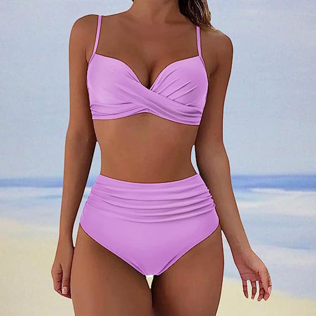 Ivyshape | Stylish Padded High-Waist Bikini Classic Two-Piece Swimsuit with High Waist for Women