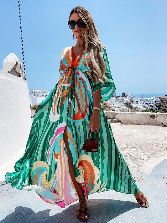 IvyShape | Boho Beach Dress with Sweetheart Neckline, Batwing Sleeves, Long Cut and Print