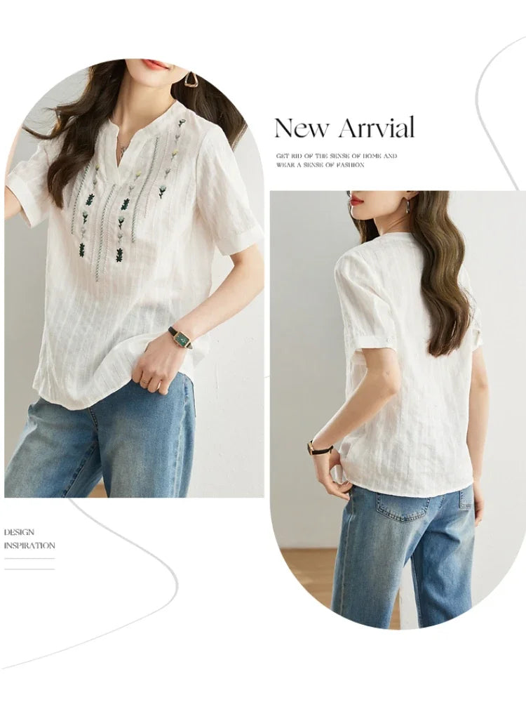 Chic Embroidered Short Sleeve Shirt for Women