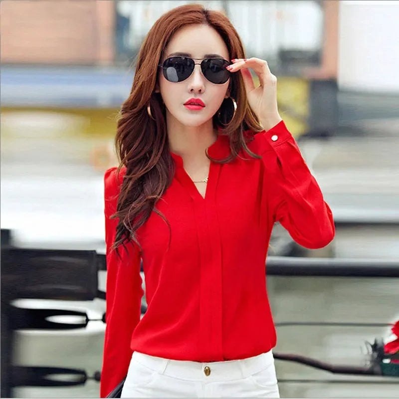 Elegant V-Neck Slim Blouse for Women