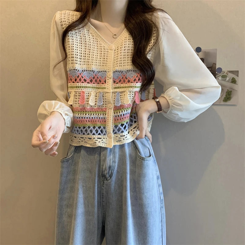 Sweet Boho Knitted Chiffon Blouse for Women